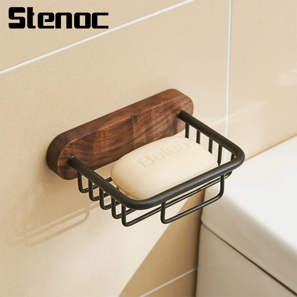 

Stenoc No Drilling Black Walnut Bathroom Soap Dish Holder Wall Mounted Grid Draining Hollow Soap Storage Basket Rust-Proof