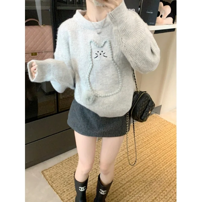 Koreański sweter z okrągłym dekoltem, haftowany, długi rękaw, damski, zimowy, nowy, luźny, wyszczuplający, dzianinowy, do noszenia przez głowę, casualowy, do pracy.