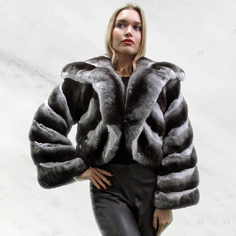 

Big Lapel Rex Rabbit Fur Coats Women Winter Thicken Strip Sewed Warm Outertwear Short Hairy Genuine Real Fur Jacket Female