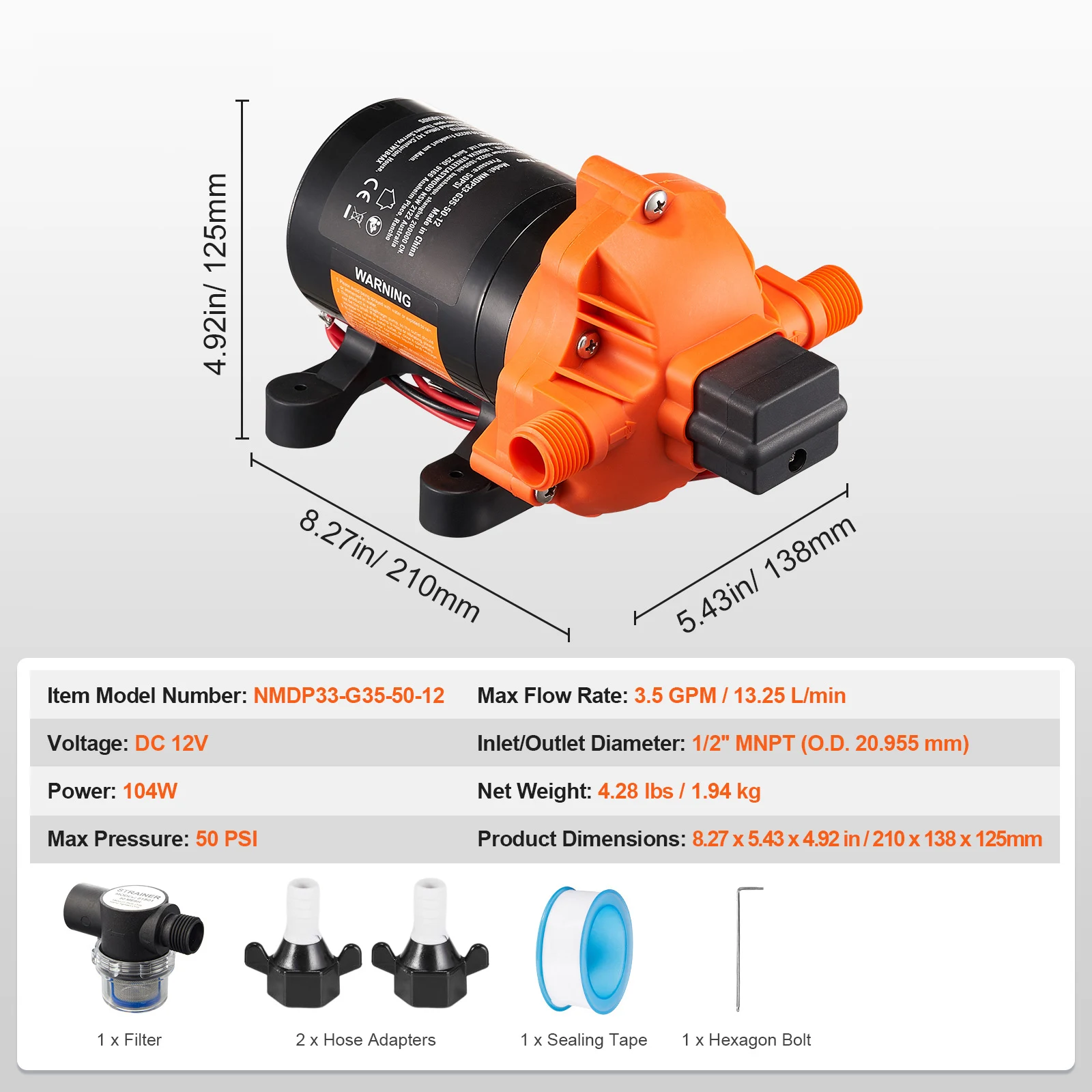 SucceBuy 12V membraanpomp 1,8/3/3,5/5 GPM 3/4/5-kamer 40-100 PSI verstelbare 1/2'' MNPT-poort voor RV jacht Food Truck Camper