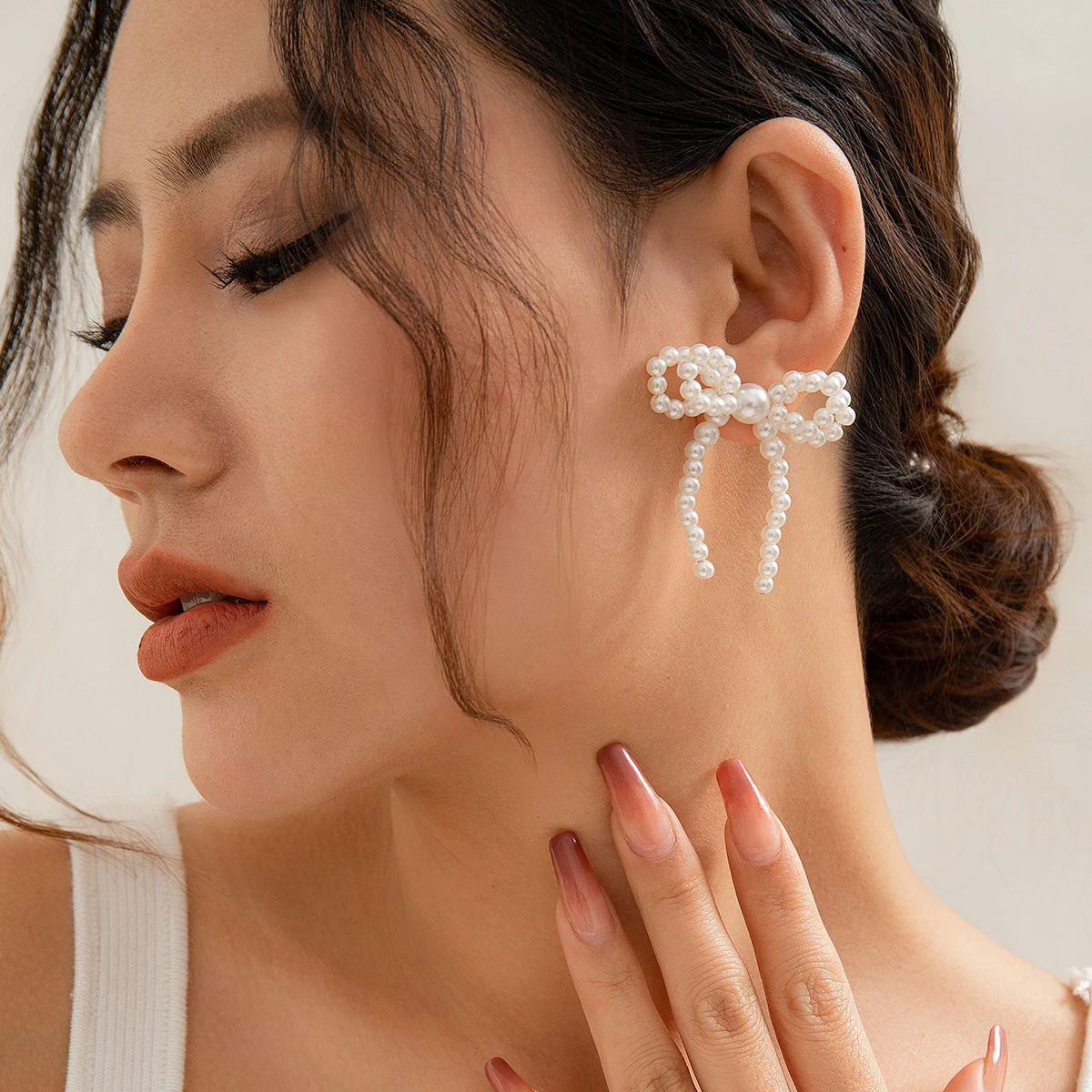 PuRui Trendy White Imitation Pearl Weave Bowknot Pendant Earrings for Women Handmade Beaded Drop Earrings Jewelry Party Gifts