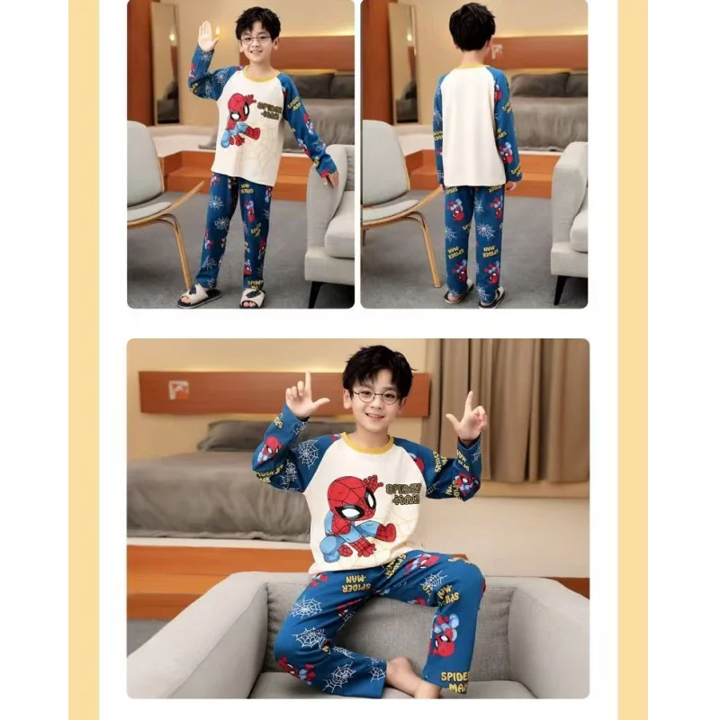 Anime Marvel Spiderman Children's Spring and Autumn New Cute Creative Cartoon Pattern Long Sleeve Pants Pajamas Loungewear Set