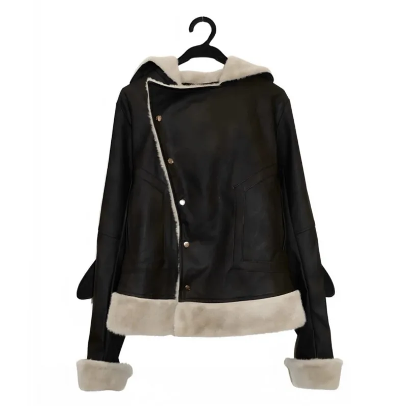 HKSH Winter New Women Warm Coat Hooded Single Breasted PU Leather Patchwork Faux Fur Asymmetric Streetwear Thick Jackets HK15950