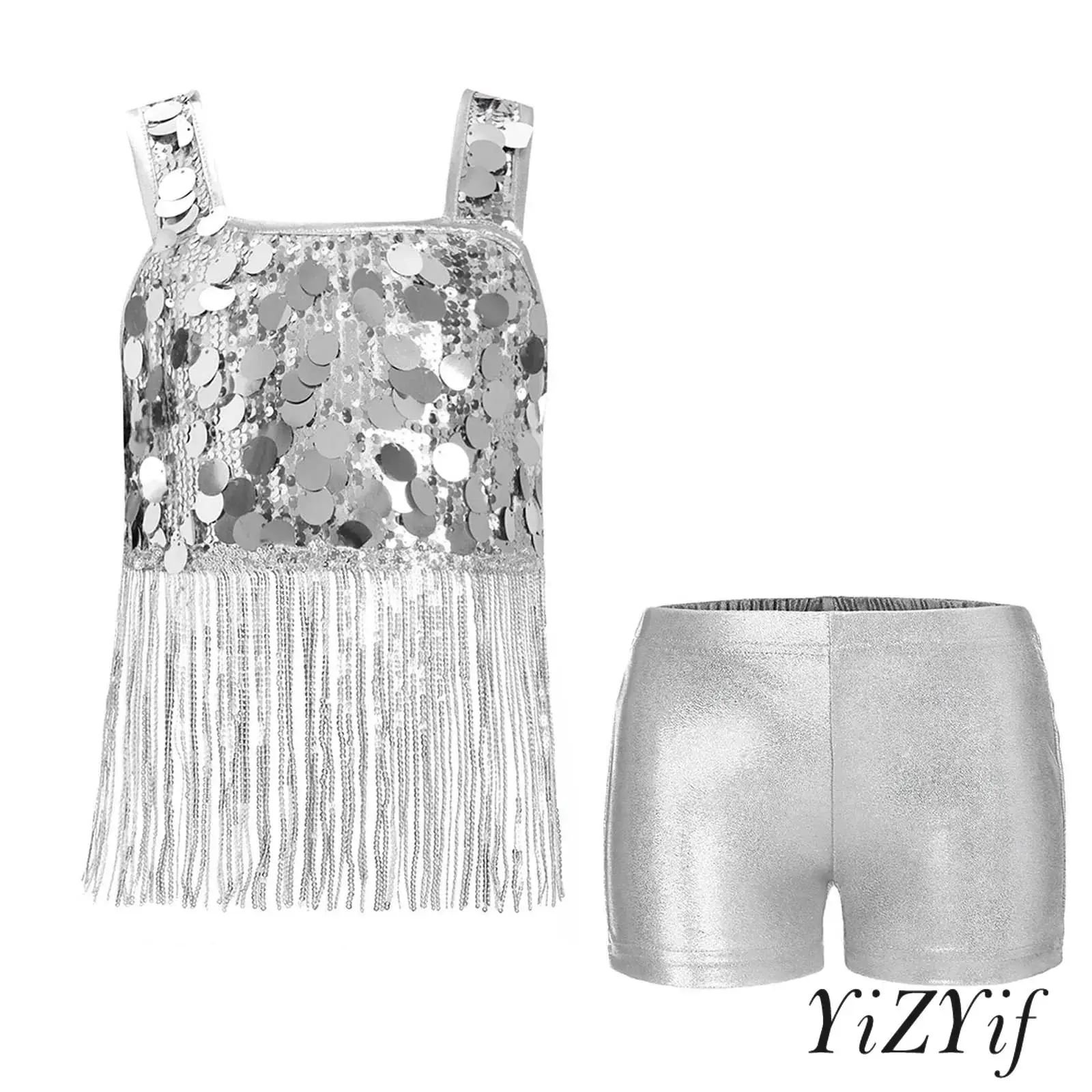 

Kids Girls Jazz Dance Costume Outfit Shiny Sequin Tassels Crop Top Wide Shoulder Straps with Shorts Dance Party Competition