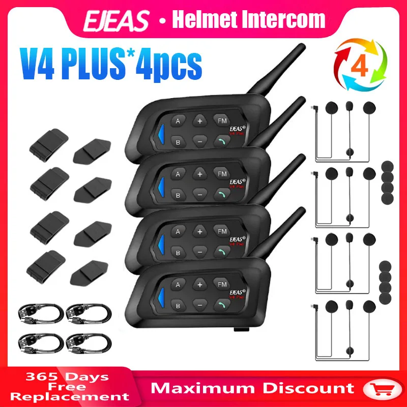 EJEAS 4PCS V4 Plus Motorcycle Helmet Intercom Bluetooth Headset Wireless Full Duplex Waterproof FM Radio Group Talking Interphon