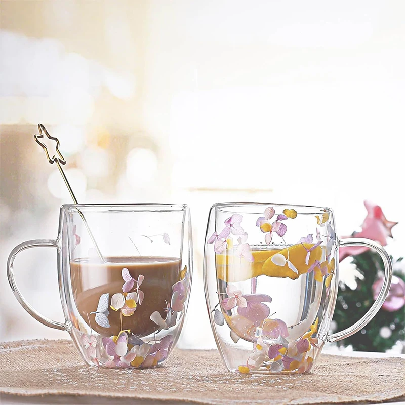 Dry Flower Double Layer Glass Cup, Creative Gift, Cute Milk Cup, Coffee Cup, Handle Mug, Heat-Resistant Cup