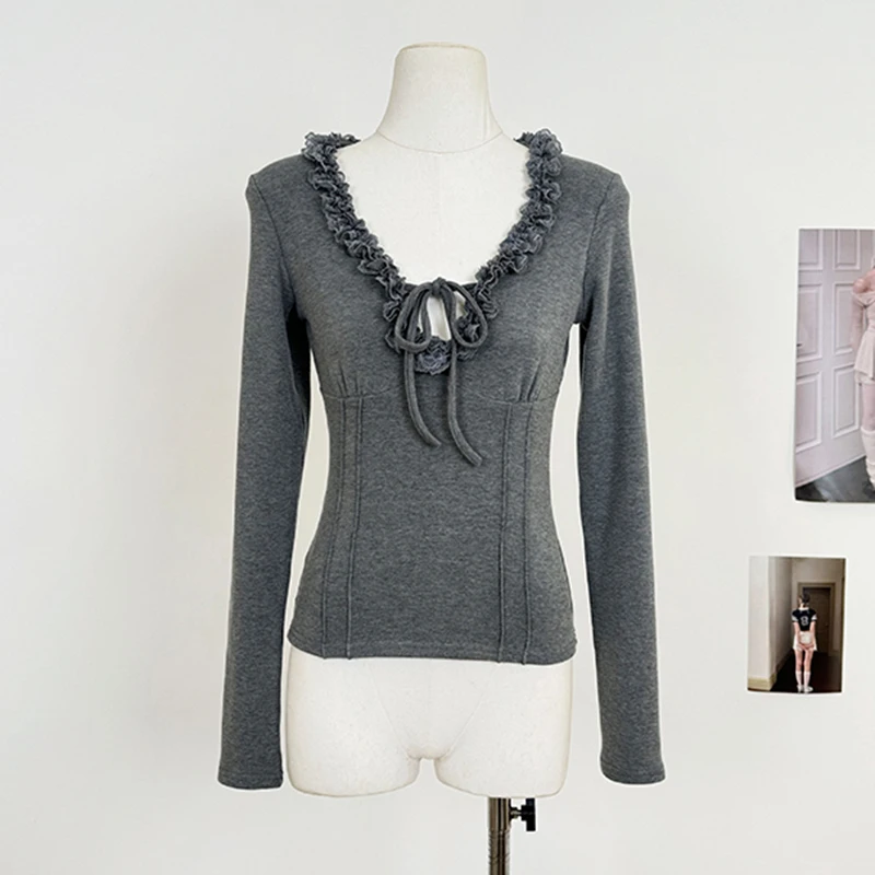 

Lace Slim Fit T Shirt Women V Neck Long Sleeve Sexy Casual Bottoming Tees Lace Up Bow Vintage Spring Office Lady Harajuku Tops