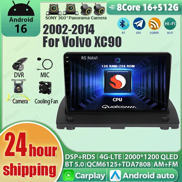 Radio para Auto con Android 16 y Carplay para Volvo XC90 XC 90 2004 - 2014, Navegación Multimedia, Reproductor GPS, Estéreo, WiFi+4G, Video, Unidad Principal, Bluetooth