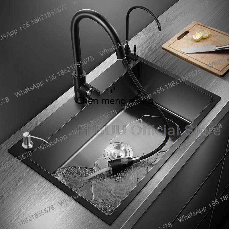 Black Nano Kitchen Sink 304 Stainless Steel Large Capacity Single Slot Thicken Vegatable Workstation with Multiple Accessories