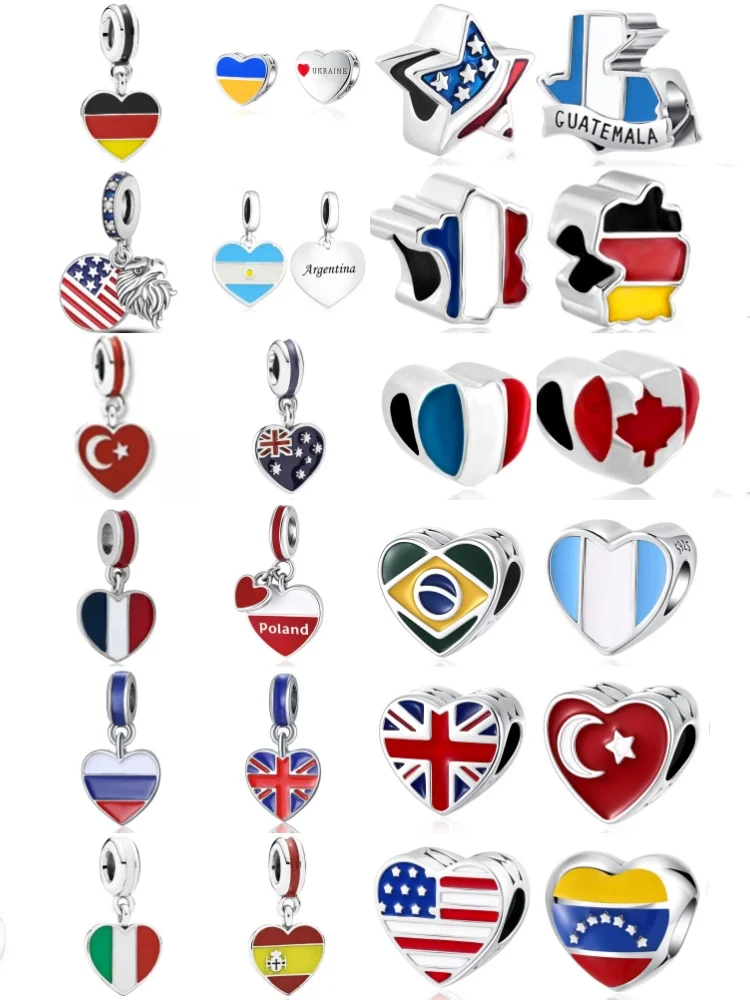 925 Silver Britain Spain Brazilian Dominie National Flag Pendant Building Beads Fit Original Bracelet Jewelry Accessories Charm