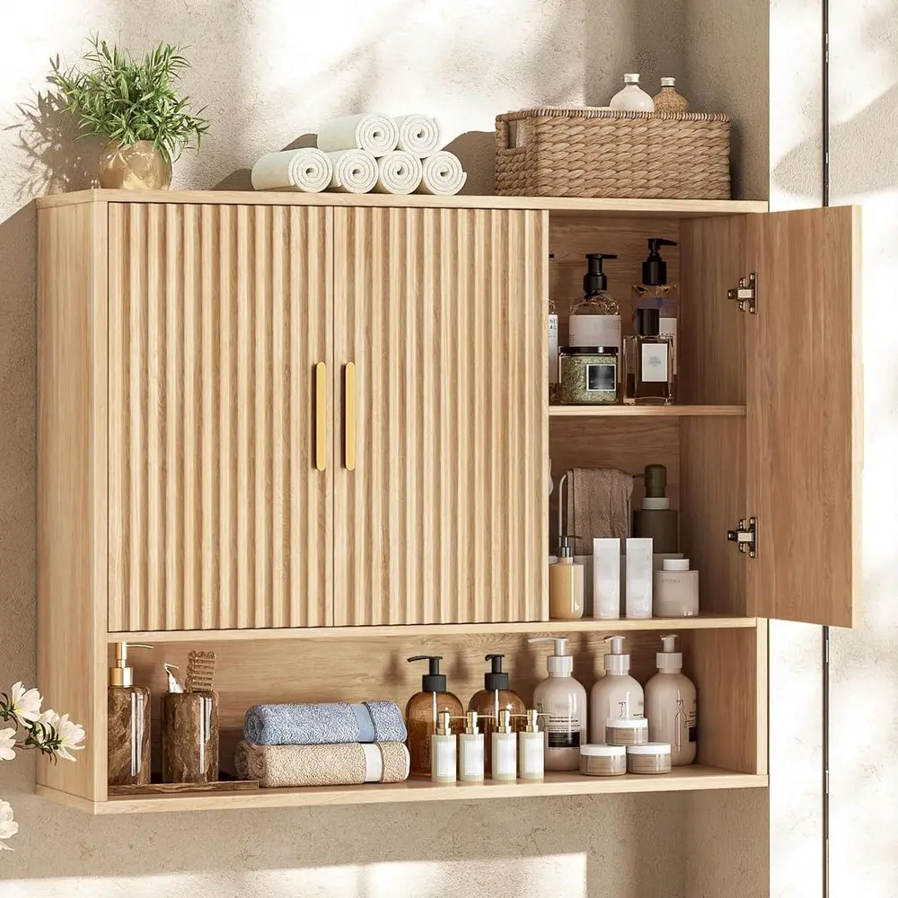 

3-Door Oak-Tone Wooden Wall Cabinet with Open Shelf for Bathroom, Kitchen, and Laundry Storage