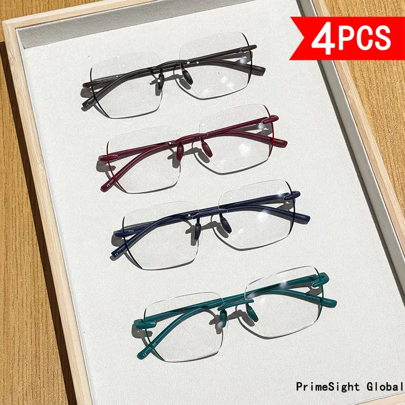 Four-Piece Set of Unisex Frameless Reading Glasses with Magnification Ranging from +1.0 to +4.0, Suitable for Middle-Aged and Elderly People for Reading, Watching Mobile Phones, Etc