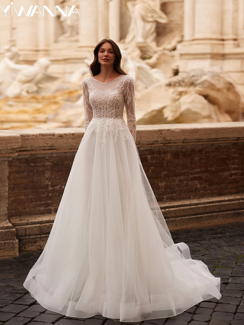 Vestido De novia clásico De manga larga con cuello redondo, vestido De novia con cuentas y lentejuelas brillantes, vestido De novia elegante De corte en A, bata personalizada De boda