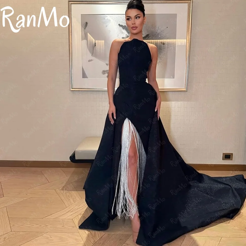 

Ranmo customized Sleevesless Black Prom Dresses Birthday Dubai Saudi Arabic Evening Gowns Slit Floor Length FormalParty Dress