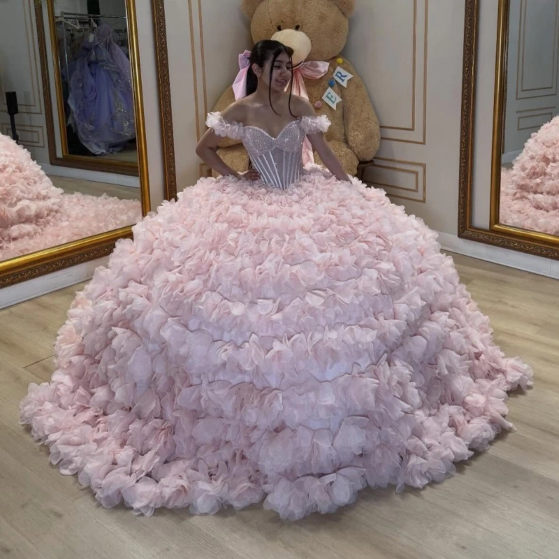 

Light Pink Ball Gown Quinceanera Dresses Beading Crystal Tiered Tull Corset Off Shoulder Sweet 16 Dress Vestidos 15 De Anos