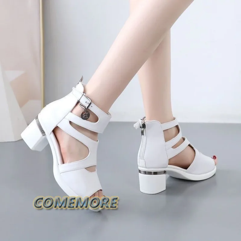 2024 Women Sandals Soft Leather PU High Squre Heel Sandals Black Thick Platform Shoes Female Open Toe Party Wedding Shoes White