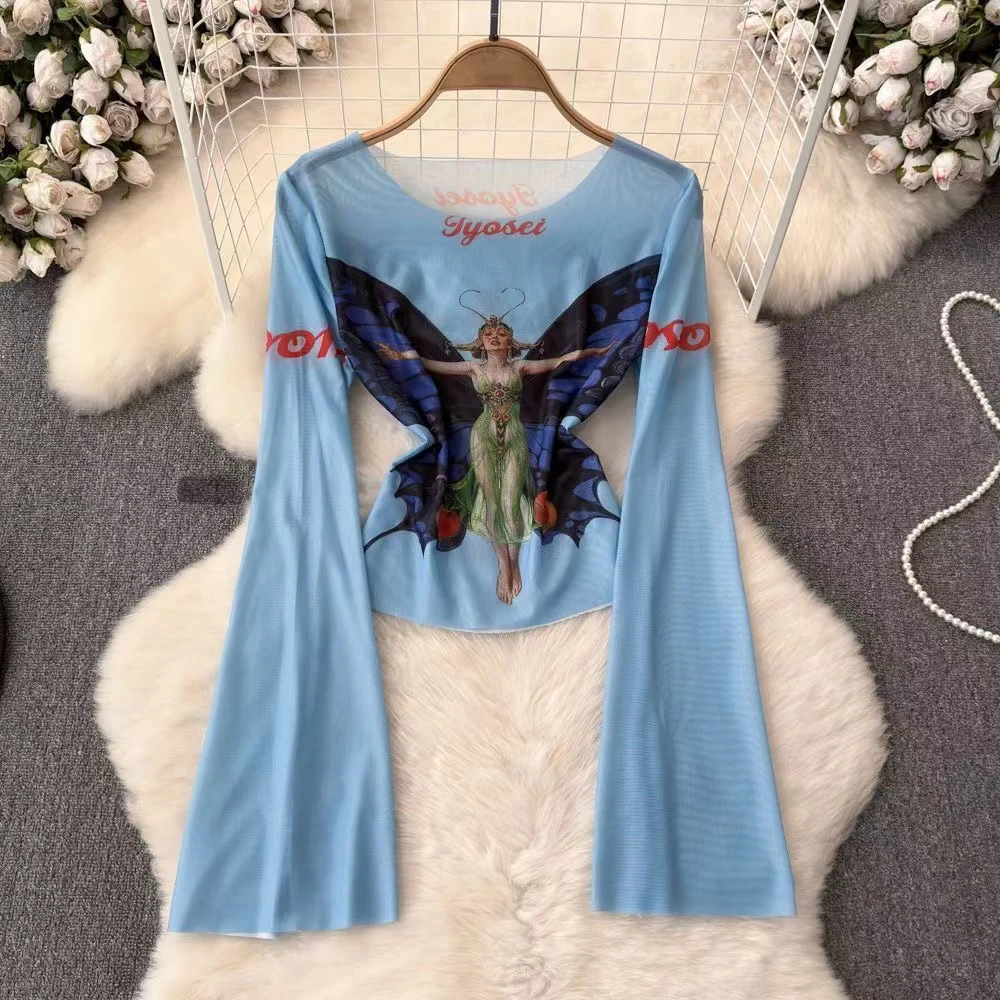 Mesh Retro Print Classic T-Shirt Women Casual Aesthetic O-neck Long Sleeve Elastic Tops Hipster Female Gorgeous Outerwear SL093