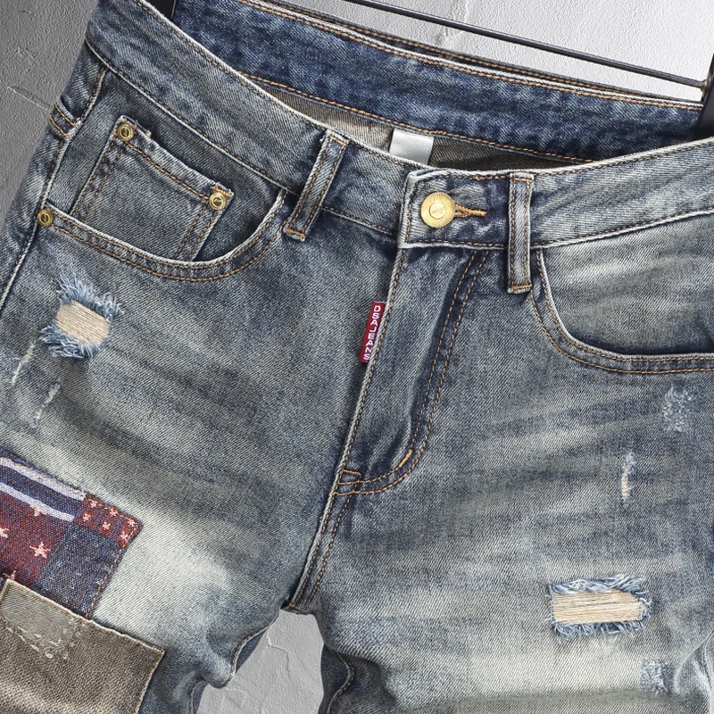 Fashionable Summer Men's Jeans Vintage Washed Blue Elastic Slim Fit Split Jeans Shorts Panel Designer Vintage Shorts