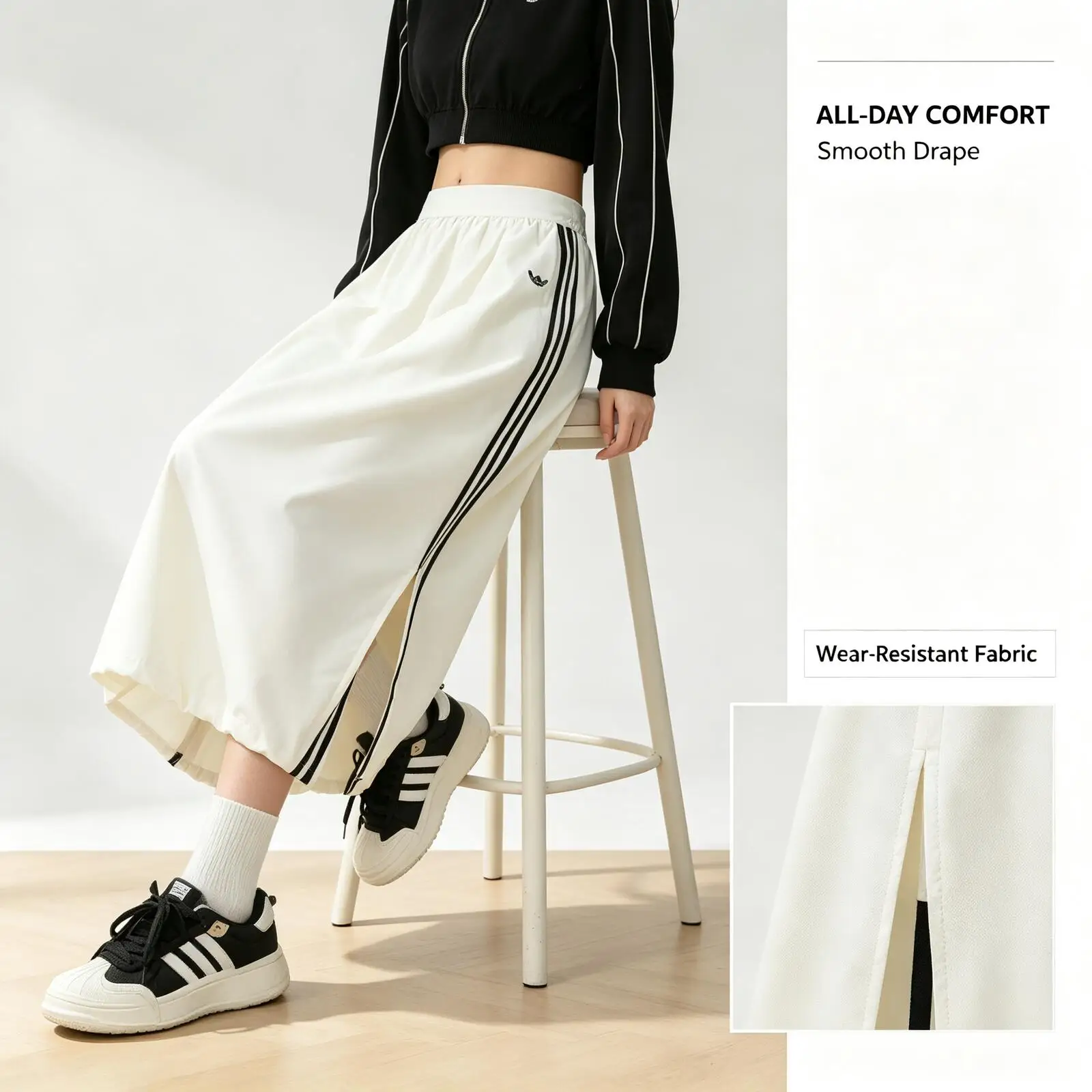 2026 Hot Adidas Women White High Waist Cargo Midi Skirt Women Straight Long Skirt with Pockets Side Slit Streetwear