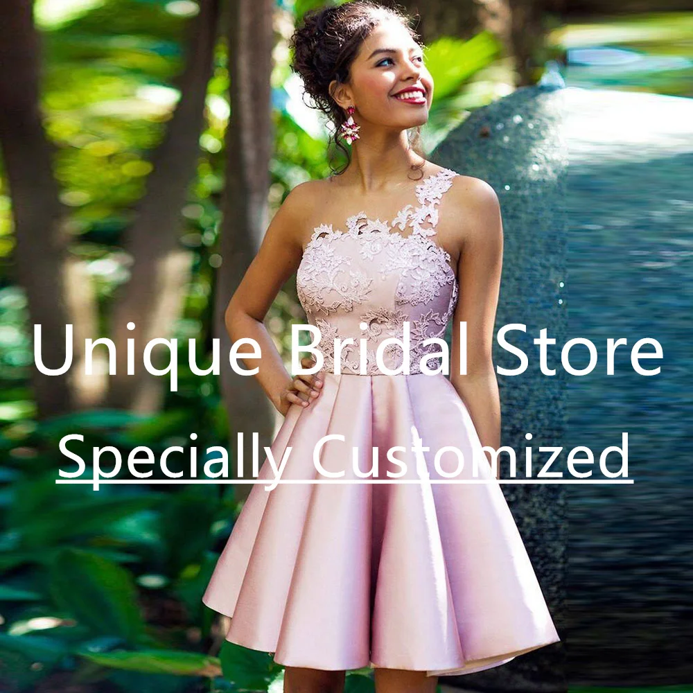 

Satin Cocktail Gown Short Scoop-Neck Pleat One-shoulder Sleeveless Applique Back Soft Tulle Zipper A Line Homecoming Dress