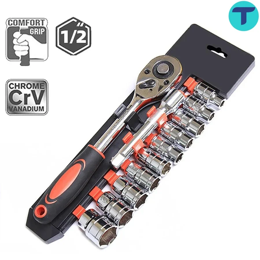 T 12pcs 1/2 Inch Ratchet Socket Wrench Set Combination Motorcycle Car Repair Hand Tools Spanner Sleeves Head Auto Repairing Kit