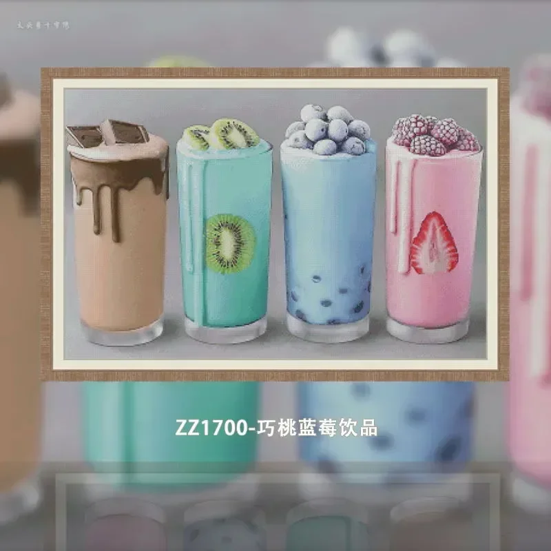 [ZZ1700-Qiao Peach Blueberry Drink] Stamped Cross Stitch Kit 14CT 16CT Pre Printed Canvas Cotton Floss DIY Embroidery Wall Decor