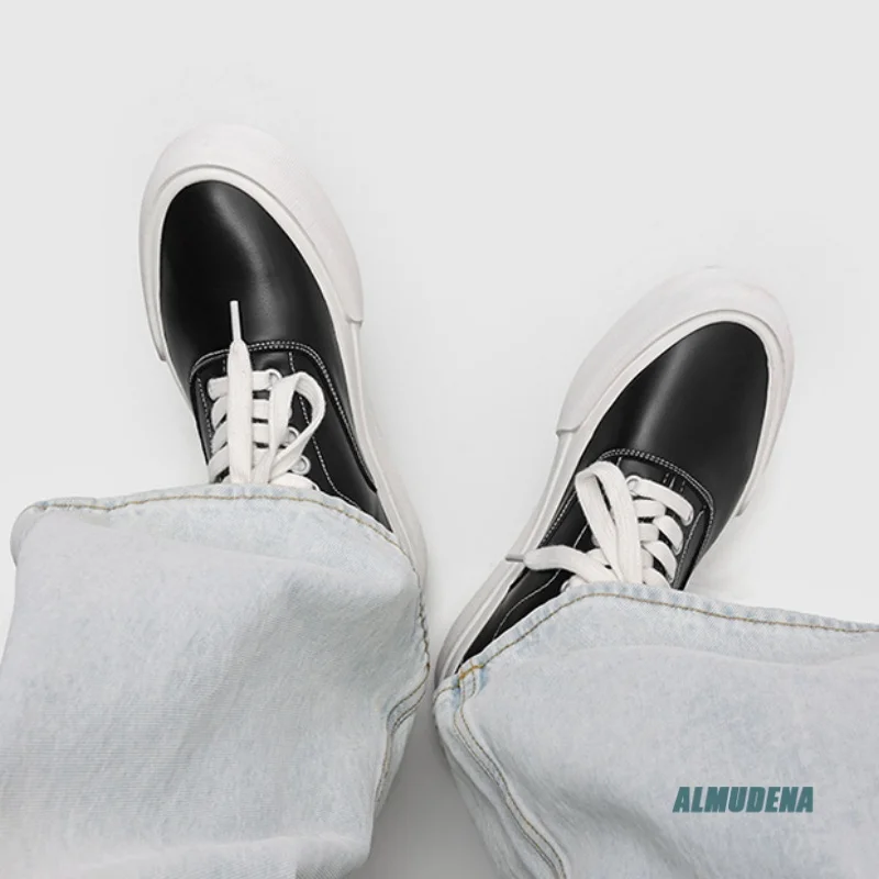 Canvas Platform Low Top Shoes Men Round Toe Lace Up Sneakers Fashion Daily Outdoor Stylish Contrast White Sole Casual Shoes