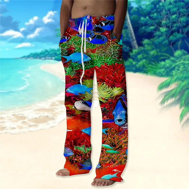 Summer Men's Fashion Trend 3D Printed Wide Leg Pants Hawaiian Style Beach Pants Vacation Casual Loose Pants