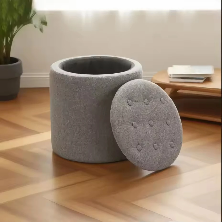 Small Pouf Ottoman Foot Stool With Internal Storage Soft Grey Fabric Footrest Seat For Kids Room Apartment
