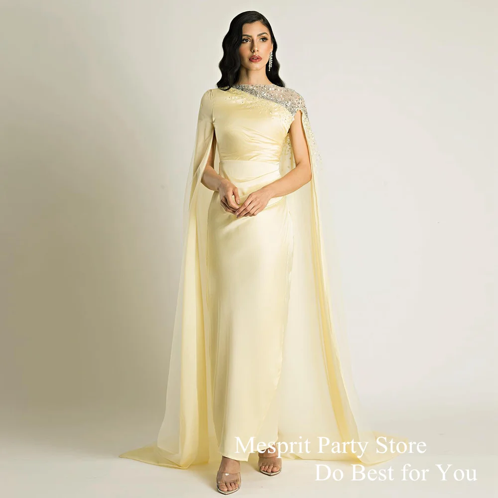 

Light Yellow Evening Dress Round Neck Luxury Sequined Sheath Saudi Arab Prom Dresses Ankle Length Formal Occasion Gown