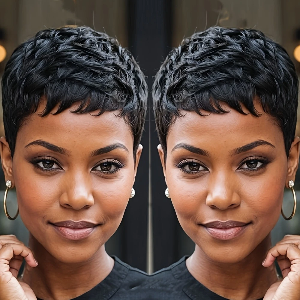 密度150% 4インチ ピクシーカット カールウェーブ 人毛ウィッグ 女性用 フルマシンメイド ウィッグ デイリーユース パーティー用