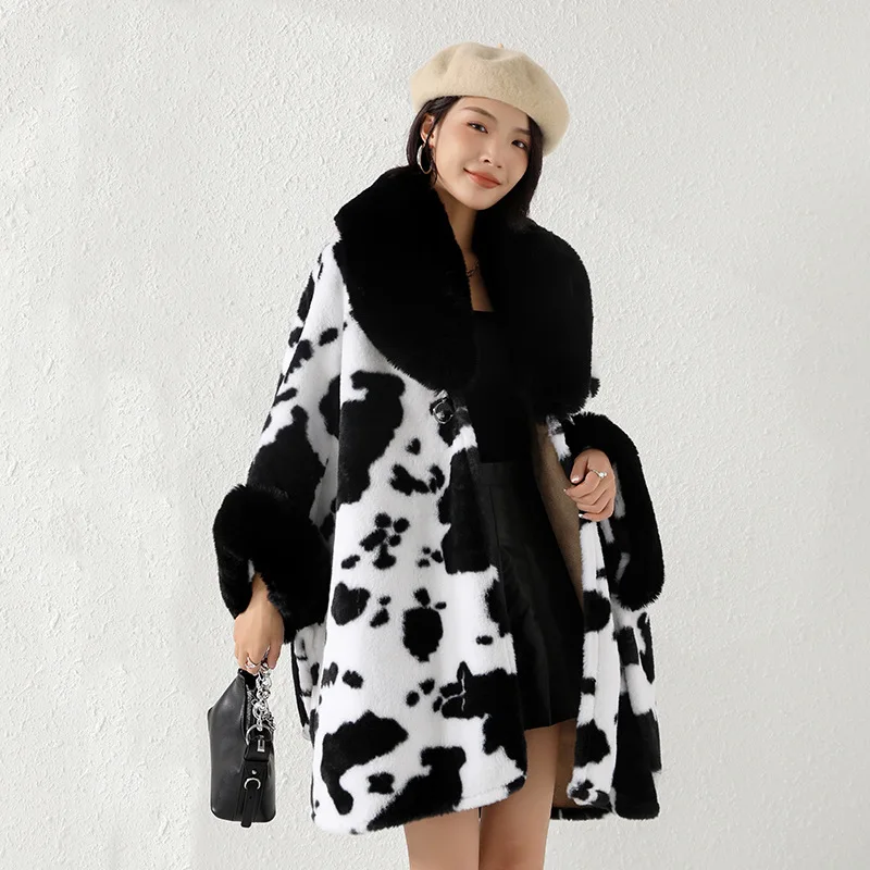 5 Cappotto da donna Cardigan Mantello invernale in pelliccia sintetica spessa Cappotto con collo a triangolo Manica a pipistrello Mantello poncho lungo caldo stampato leopardato