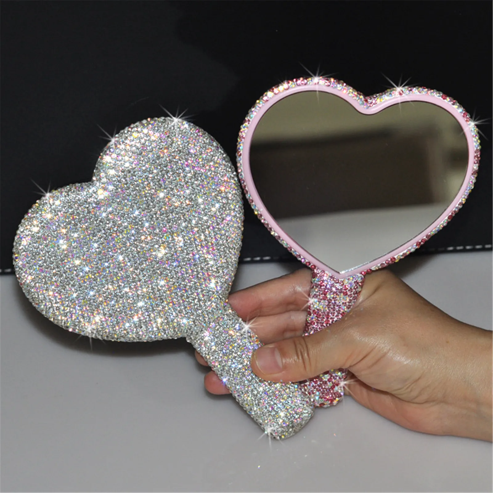 Women's Makeup Compact Mirror Sticking Diamond Hand-held Mirror ABS Fashionable High-end Beauty Handle Mirror Cosmetic Mirror