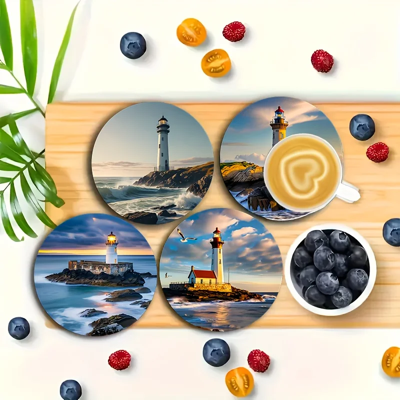 2D Retro Coastal Lighthouse Pattern Wooden Coaster Heat Resistant Non-Slip Table Protection Restaurants Bars Coffee Shops Decor