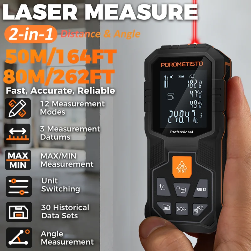 50m/80m 2-In-1 Laser Distance Meter with 30 Sets of Data Storage Laser Rangefinder Digital Tape Measure Angle Measurment Tool