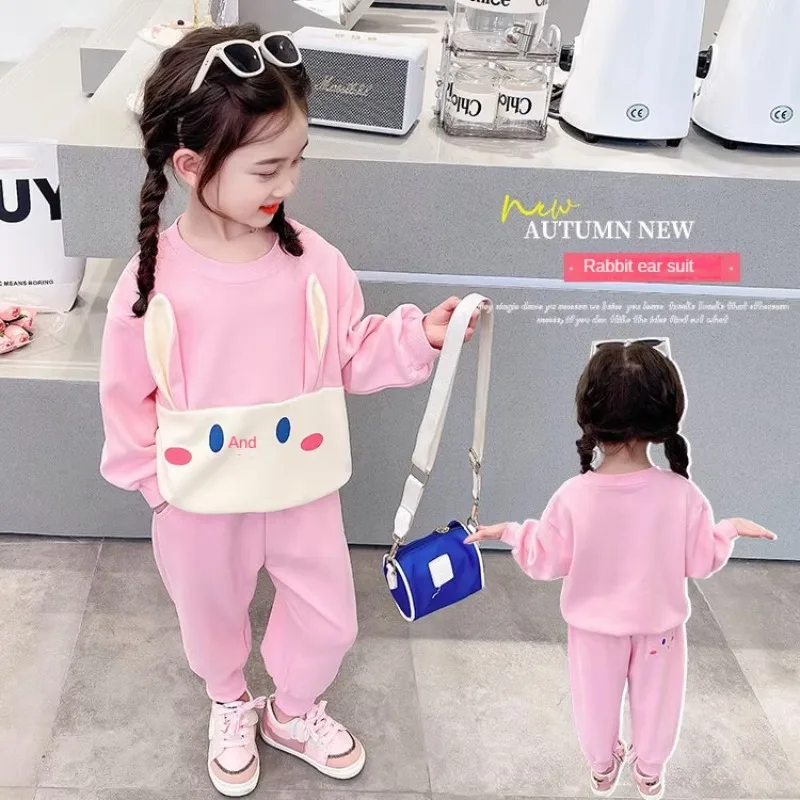 1-7y Girls Clothes Rabbit Ears Suit Pink Spring and Autumn Round Neck Drawstring Two-Piece Suit 90-130cm Toddler Girl Clothes