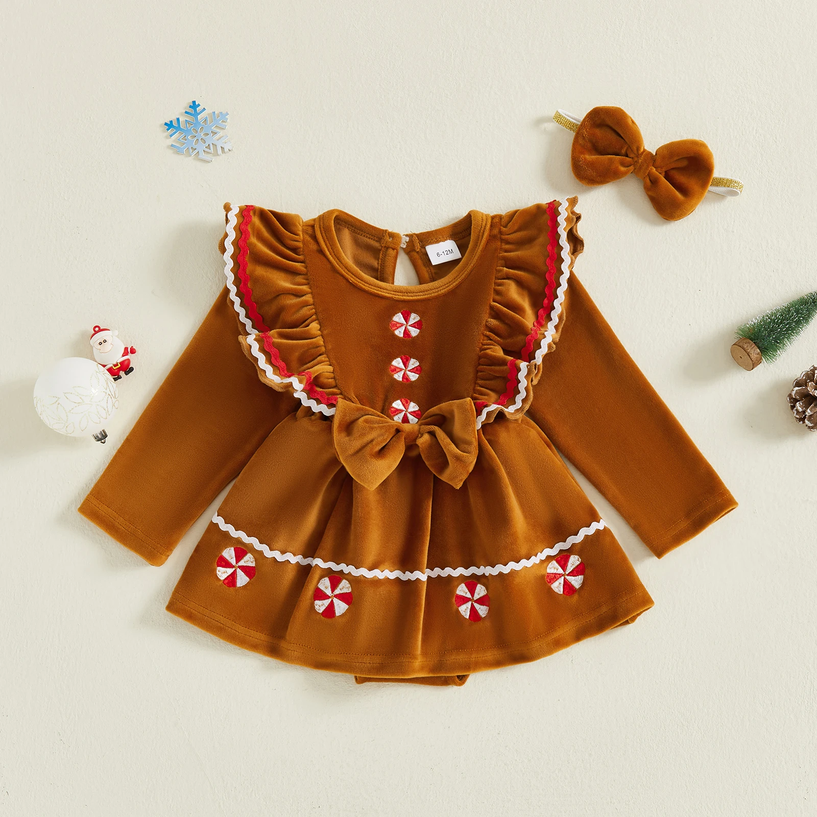 

Baby Girl Christmas Outfit Gingerbread Man Candy Ruffled Long Sleeve Romper Dress Bow Headband 2 Piece Set for 0-18 Months