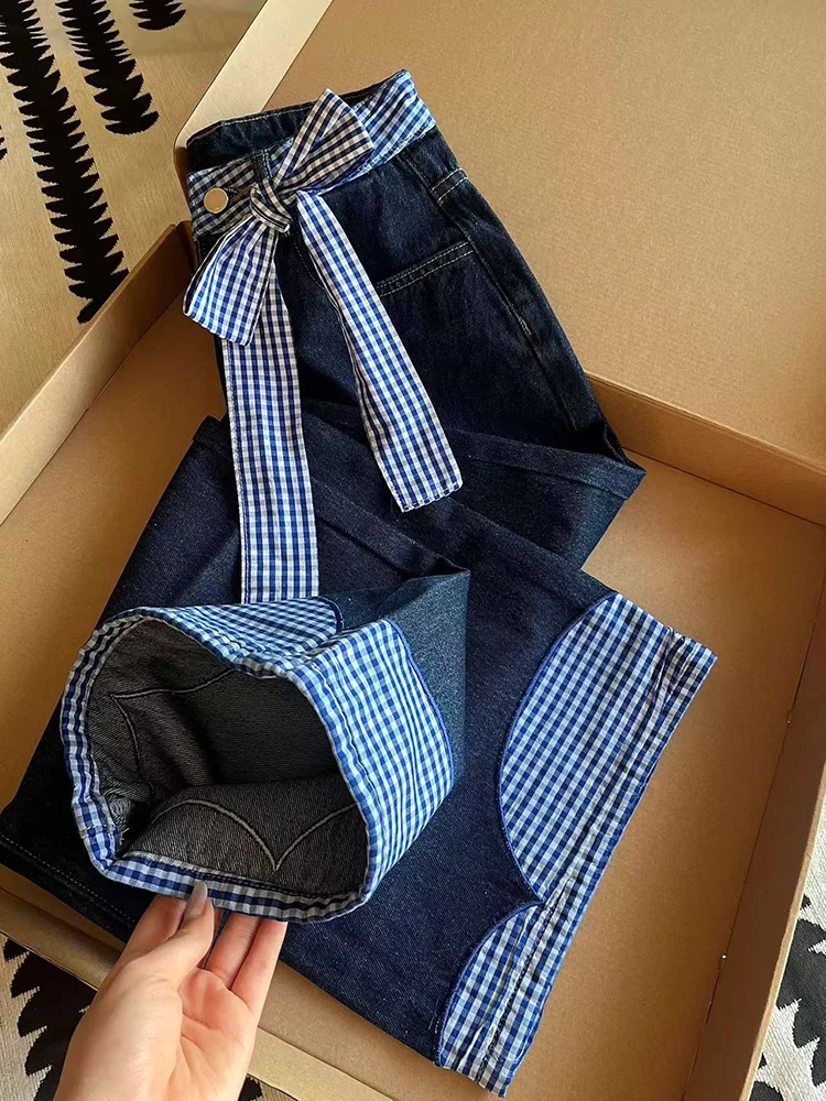 Bow Patchwork Plaid Jeans Women Y2K High Waist Sweet Preppy Loose Wide Leg Jeans Korean Chic Lace Up Straight Cowboy Trousers