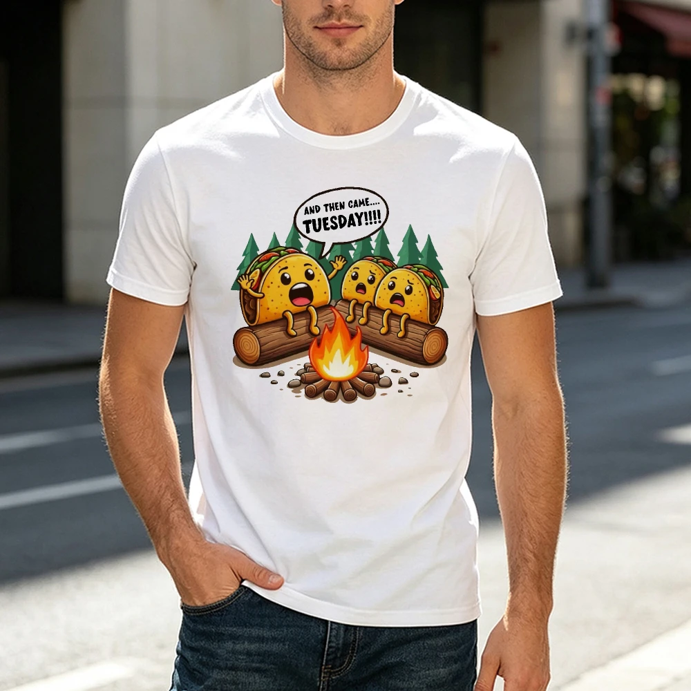 Campfire Tacos Tuesday Men T Shirt Funny Food Pun Graphic Tee Streetwear Outdoor Camping Party Gift Clothes
