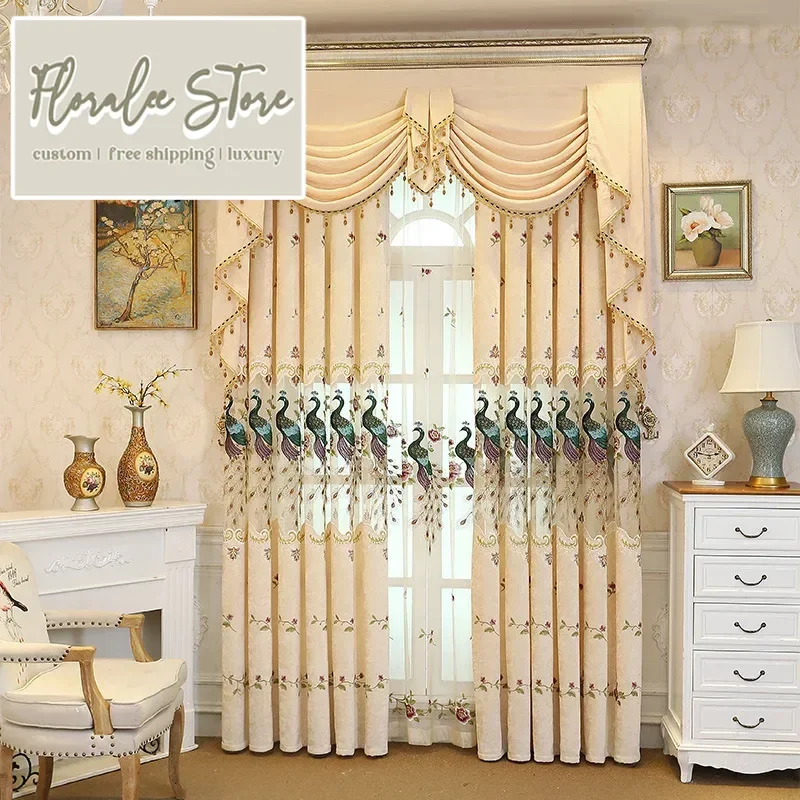 

Embroidered Beige Peacock Thickened Cashmere European Style Valance Curtains For Living Room Bedroom Dining Luxury Custom Size