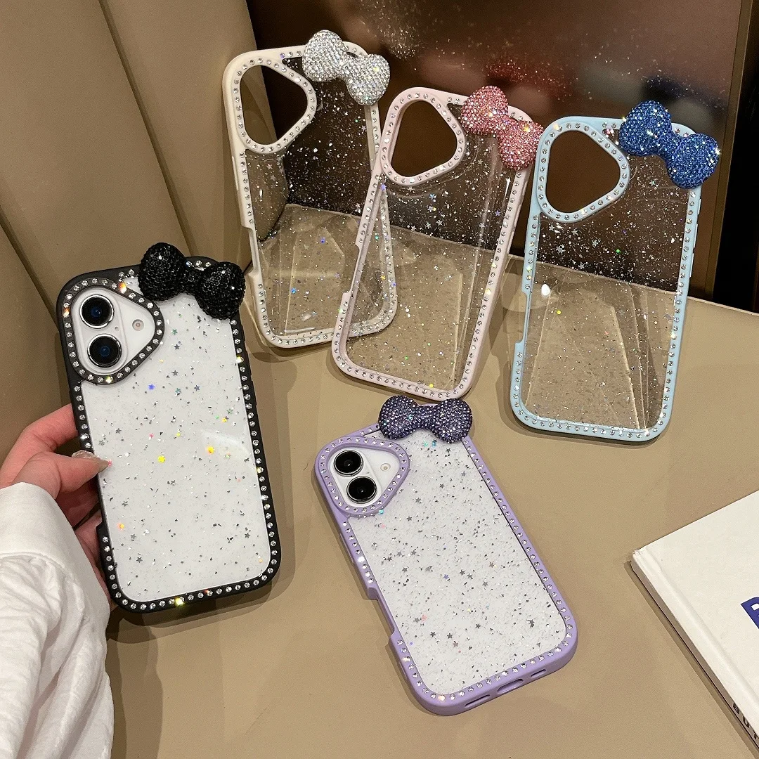 

Luxury Shiny Diamond Korean Cute 3D Rhinestone Bowknot Glitter Phone Case For iPhone 13 14 15 16 Pro Max Plus Shell Funda Cover