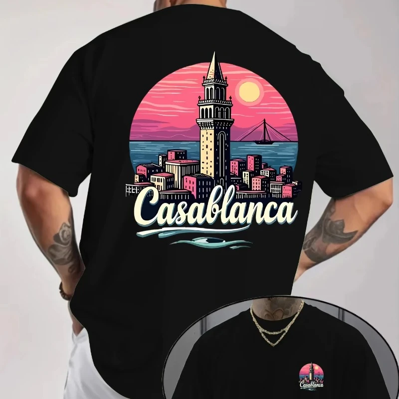 

Men's Women Retro Morocco City Print T-shirt - Summer Casual T-shirt with Crescent Moon and Urban Landscape Design Short-sleeved