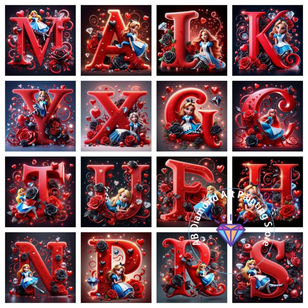 

Alice In Wonderland Alphabet Cartoon AB Diamond Drawing Kit Square Round Diamond 5D DIY Mosaic Handmade Art Gift Home Decor