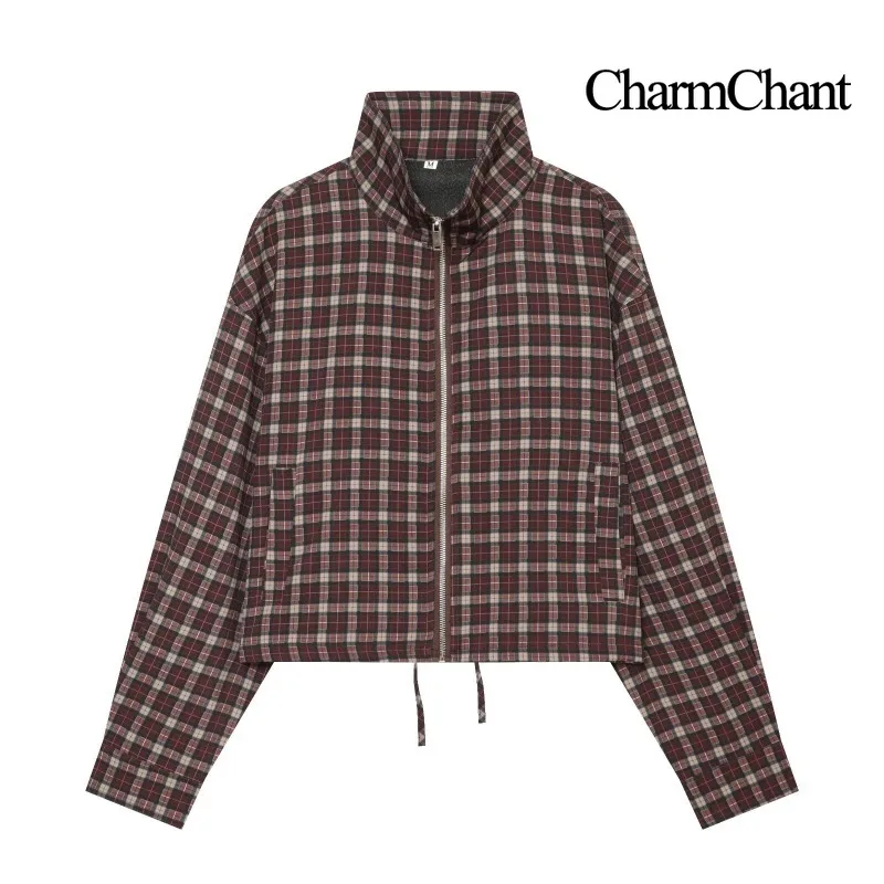 CHARMCHANT Women's Plaid Two Piece Set Zip-Up Cropped Jacket Pleated Mini Skort High Collar Y2K Preppy Streetwear Fall 2026