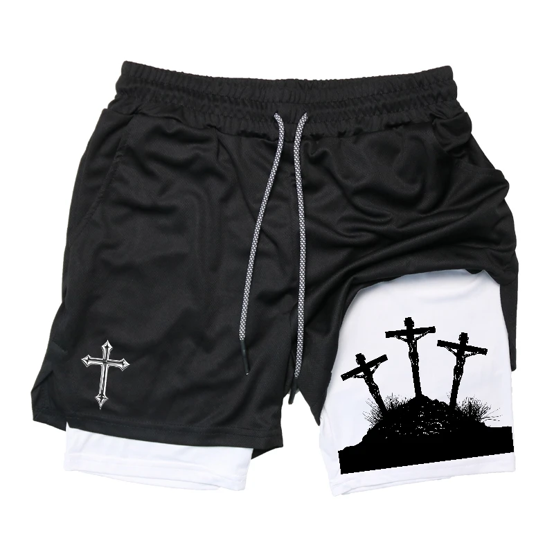 Cross Print 2 in 1 Workout Running Shorts for Men Christian Athletic Breathable Performance Shorts with Phone Pocket Towel Loop