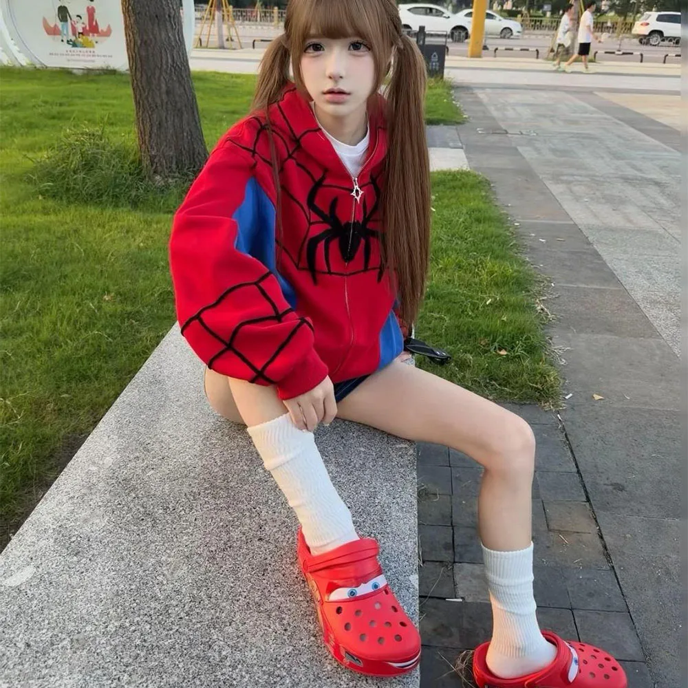 Y2K Cute Pink White Spider-Man Zip Up Hoodie for Girls Oversized Web Print Full-Zip Sweatshirt Spider Graphic Streetwear Jacket