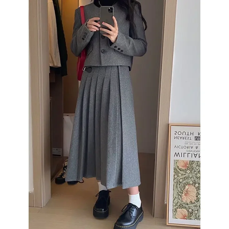 UNXX Autumn/winter British Style Round Neck Woolen Blazer + Pleated Skirt Suit Retro Casual Woolen Coat Skirt Two-piece Suit