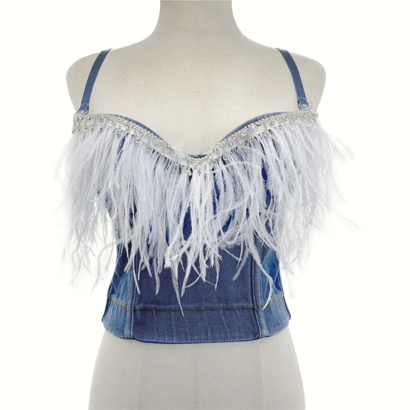 Denim Cropped Tops For Women White Feather Tassel Camisole Tube Top Sexy Tank Top Chic Party Deep V-Neck Push Up Bustier Bra