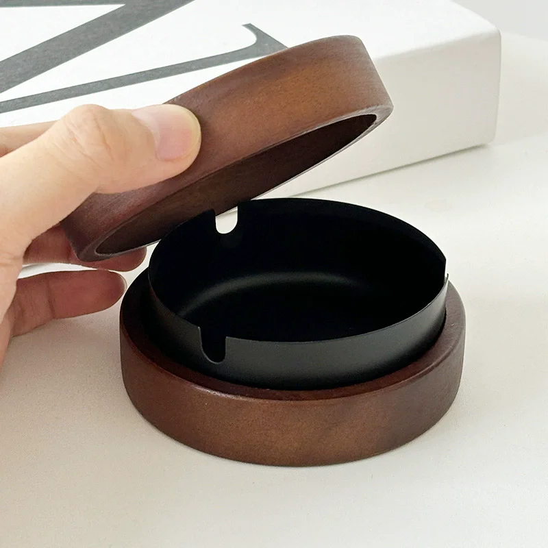 Creative Walnut Wood Ashtray with Lid Windproof Stainless Steel Desktop Ash Tray for Smoking Office Home Decorative Accessory
