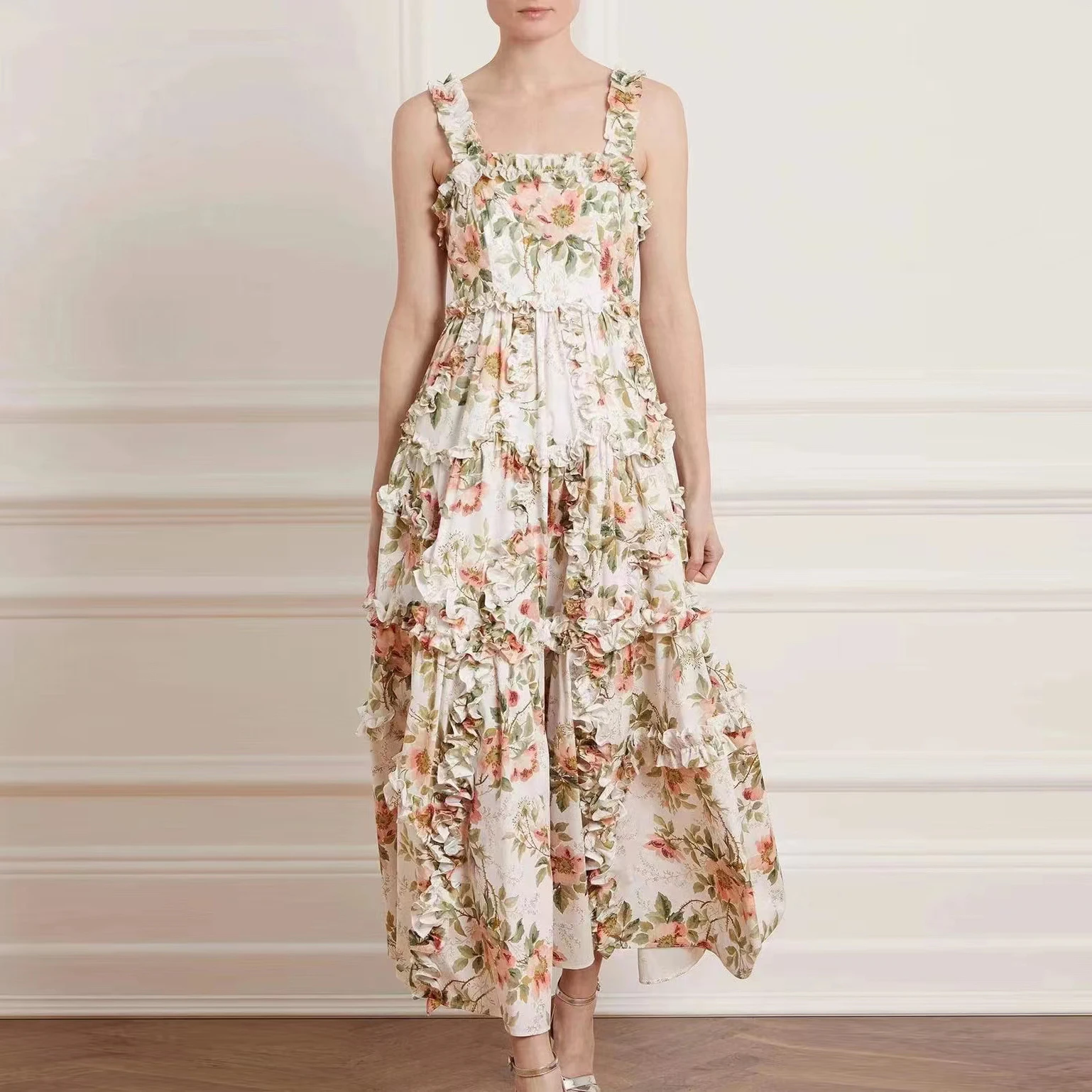 

Flower printed women's midi sling dress high waist ruffle fashion lady Suspended Dress